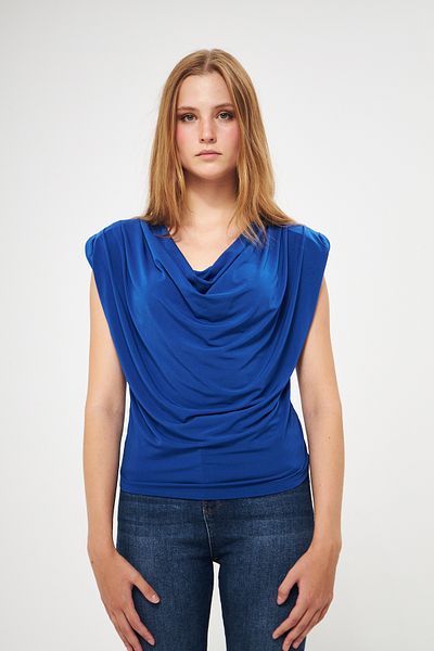 vuvutasarım Padded Shoulders Flexible Sandy Fabric Lace Collar Sleeveless Saks Blue Blouse 1009