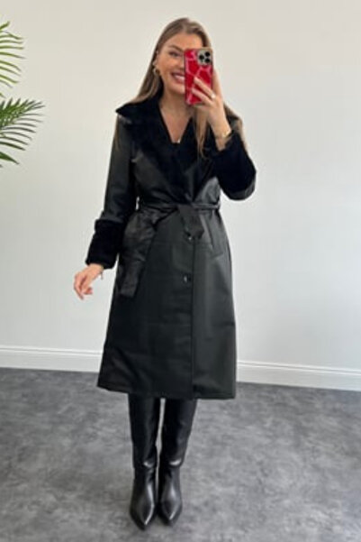 buqre's moda Γυναικείο δερμάτινο παλτό με γούνινο μανίκι και γιακά με ζώνη