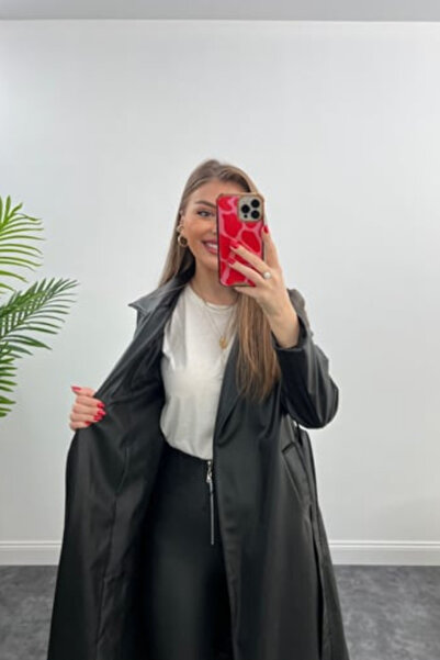 buqre's moda Siyah Oversize Geniş Kesim Kuşaklı Suni Deri Trençkot