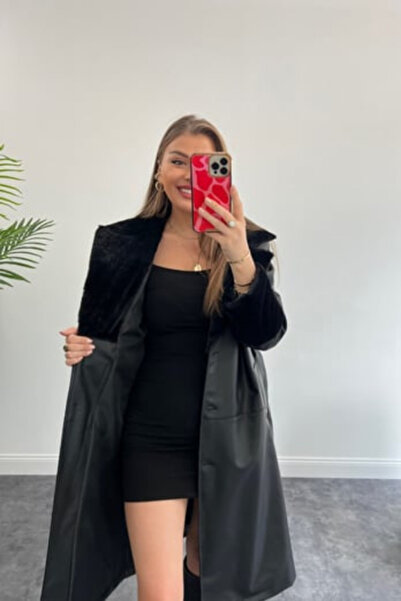 buqre's moda Γυναικείο δερμάτινο παλτό με γούνινο μανίκι και γιακά με ζώνη