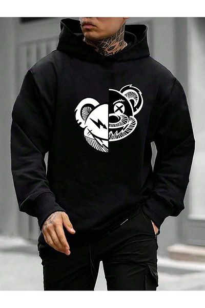 Mythologie Hanorac Bear Face - Hanorac oversize imprimat negru cu glugă
