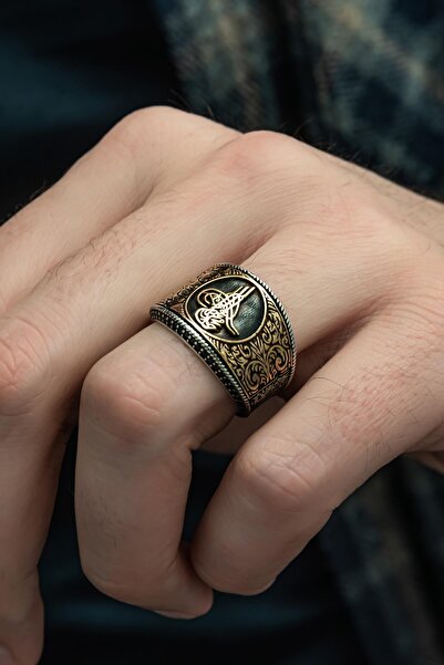 YÜZÜK SANATI Tuğra Desenli 925 Gümüş Erkek Yüzük