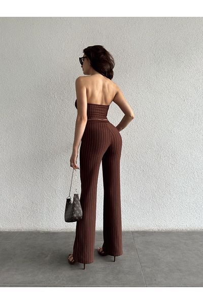 laughs Women's Striped Lycra Crop Bustier Wide Leg High Waist Trousers 2 Piece Set Tk3211