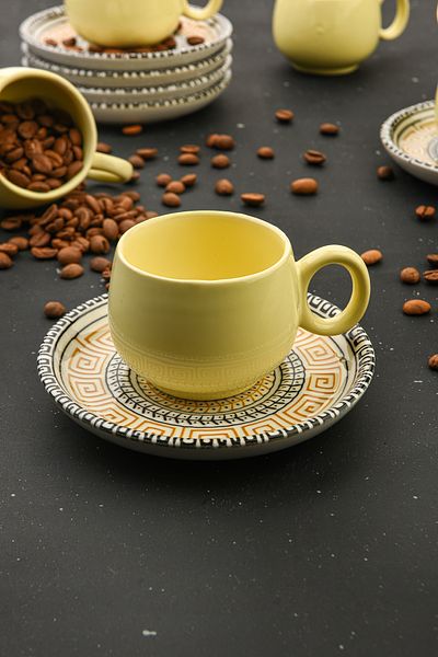Pazarika Lavinya 12 Piece Lux Ceramic Coffee Cup Set for 6 Persons Coffee Cup Handmade Yellow