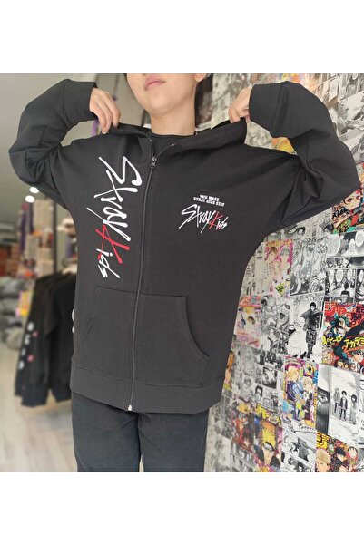 MECH BUTİK سويت شيرت بقلنسوة بسحاب للجنسين من Straykids باللون الأسود