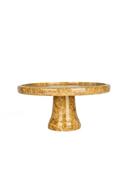 Sümeyra Marble Art NATURAL BROWN-BEIGE ROUND MARBLE PRESENTATION TRAY - WITH FOOT - 25 CM - EMPRADOR