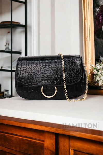 HAMILTON Αυθεντικό γυναικείο λουράκι με αλυσίδα με μαλακό δέρμα με λεπτομέρεια μονόφθαλμη κομψή μαύρη τσάντα ώμου