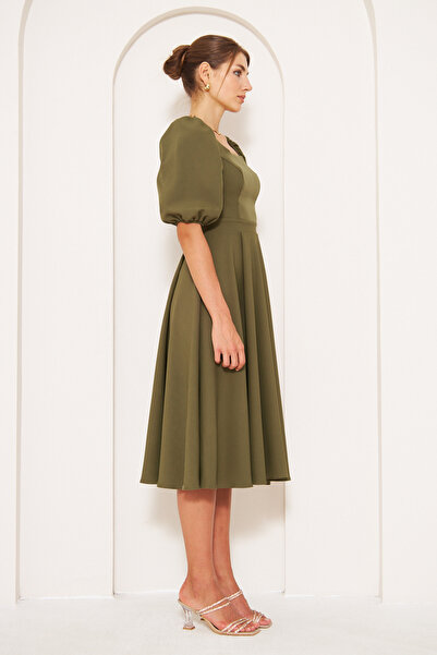 Bidoluelbise Square Neck Short Balloon Sleeve Sleeves Elastic Woven Draped Fabric Midi Length Dress