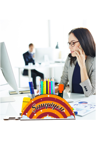 Notpa Ahşap Sarı Kırmızı Gökkuşağı Cetvelli Masaüstü Kalemlik Kutu Çocuklar I...