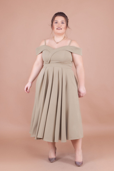 NO48 Φόρεμα με λεπτομέρεια με πλισέ λουράκια, χαμηλό στον ώμο, σε χρώμα λαδί,...