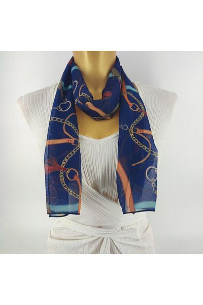 Tedz Collection وشاح طويل منقوش بسلسلة من PAREDORA باللون الذهبي والأزرق الداكن