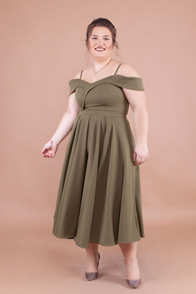 NO48 Khaki Midi Large Size Strappy Off-Shoulder Detail Pleated Dress