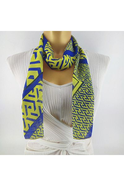 Tedz Collection PAREDORA Geometric Patterned Yellow Navy Blue Long Scarf