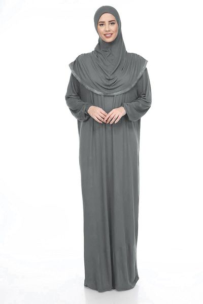 REİSA Gray Solid Color Cotton Fabric Prayer Dress with Headscarf