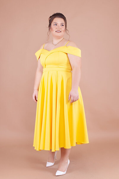NO48 Yellow Midi Length Plus Size Strappy Off-Shoulder Detail Pleated Dress