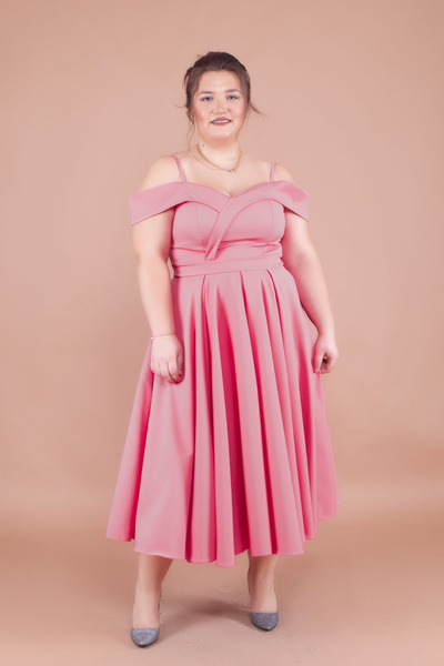 NO48 Πλισέ φόρεμα Dusty Rose Midi με λουράκι εκτός ώμου