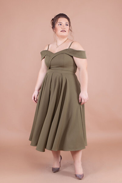 NO48 Khaki Midi Large Size Strappy Off-Shoulder Detail Pleated Dress