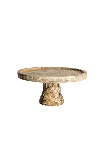 Sümeyra Marble Art NATURAL BEIGE-SILVER ROUND MARBLE PRESENTATION TRAY - WITH FOOT- 30CM - SILVER TRAVERTINE