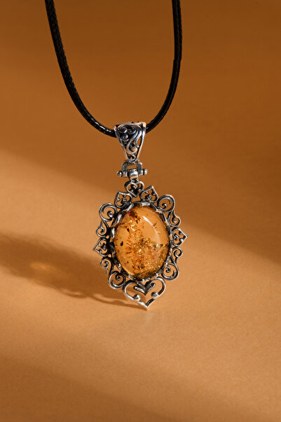 Takıdepo Orijinal Damla Kehribar El İşi Gümüş Kolye