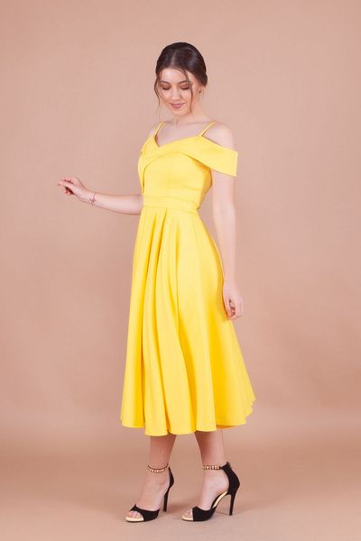 NO48 Yellow Midi Strap Off-Shoulder Detail Pleated Dress
