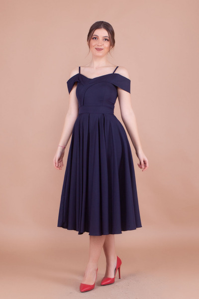 NO48 Lacivert Midi Boy Askılı Düşük Omuz Detay Pileli Elbise