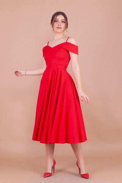 NO48 Red Midi Strap Off-Shoulder Detail Pleated Dress