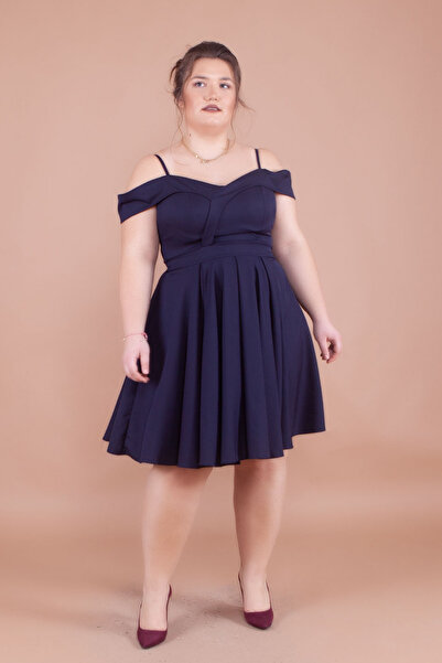 NO48 Φόρεμα με πλισέ με λεπτομέρεια σε μπλε Navy Plus Size Mini Length Strap Off Shoulder