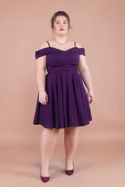 NO48 Plum Plus Size Mini Strap Off-Shoulder Detail Pleated Dress