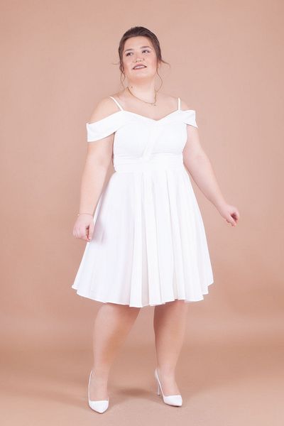 NO48 Λευκό Plus Size Μίνι λουράκι με λεπτομέρεια πλισέ φόρεμα