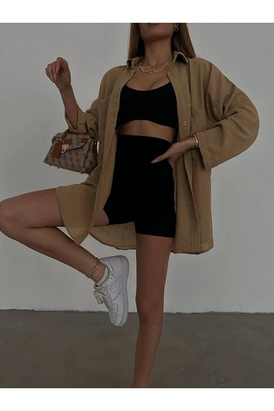 LB Laluna Butik Γυναικείο λινό πουκάμισο με διπλή τσέπη με χαλαρή εφαρμογή