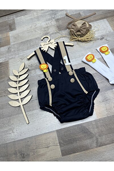 Feriatolye Safari konsepti aslan figürlü lacivert erkek bebek 1 yaş salopet