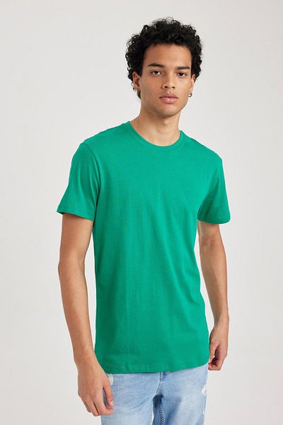 DeFacto Slim Fit Slim Fit Crew Neck Basic Jednobarevné bavlněné tričko s krátkým rukávem B0653axns