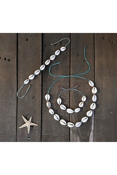 özde dekor Beaded, Sea Shell 3-Piece Jewelry Set (NECKLACE&HALS&BRACELET) with Turquoise String