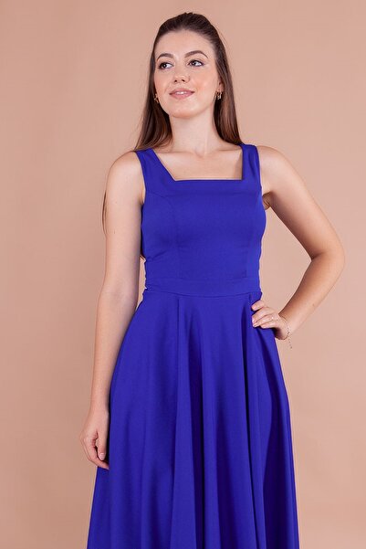 lovebox Еластична атласна тканина, квадратний комір, товсті бретелі, плісирована спідниця, середньої довжини, саксовий синій вечірня сукня 413