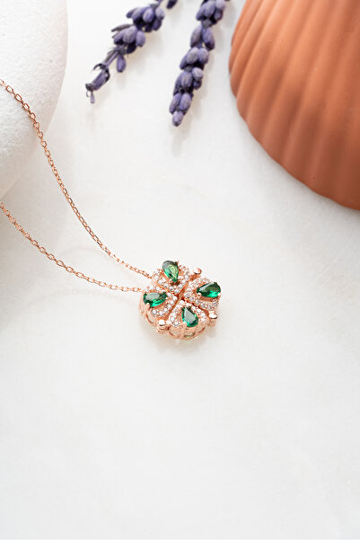 Nereze 925 Ayar Gümüş Mıknatıslı Ayrılabilir Yeşil Zirkon Taşlı 4 Kalpli Yonca Kolye