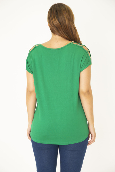 Şans Women's Large Size Green Shoulder Decollete Pearl Detailed Viscose Tunic 65N15453