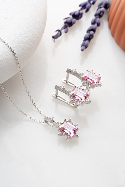 Nereze 925 Ayar Gümüş Pembe Baget Taşlı Küpe Ve Kolye Set