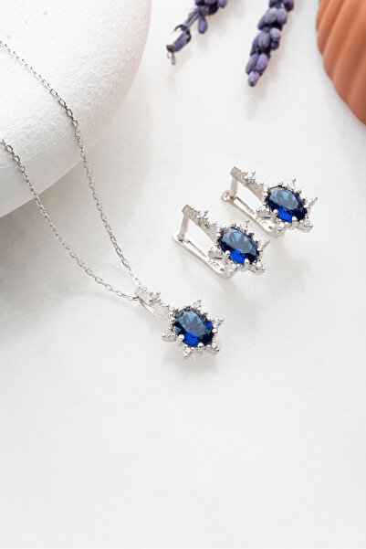 Nereze 925 Ayar Gümüş Mavi Oval Taşlı Küpe Ve Kolye Set