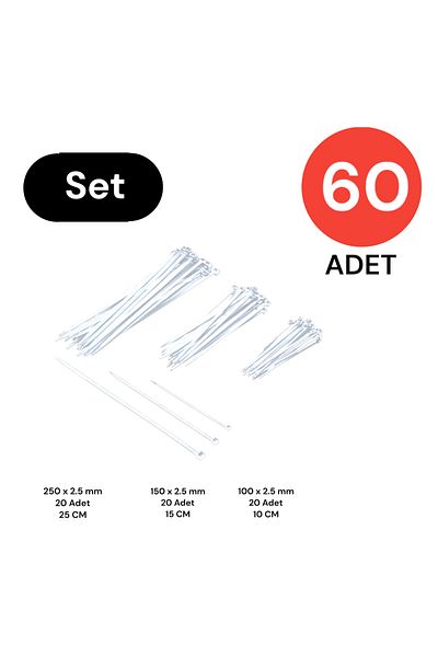 Tek-İş طقم مشبك ربطة كابل بلاستيك 100-150-250 × 2.5 مم أبيض (20 × 3) 60 قطعة