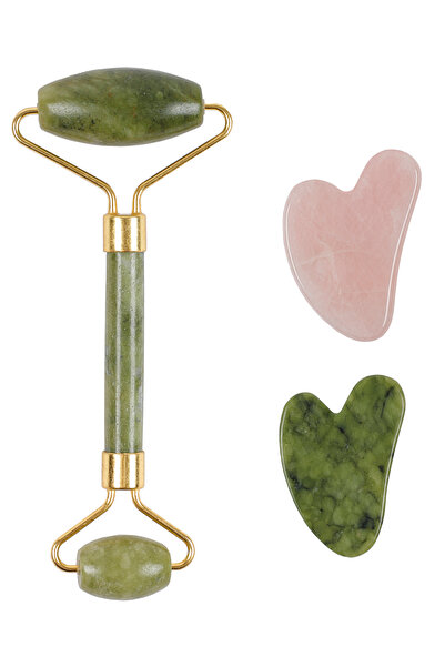 İLTERUS Yeşim Face Roller, Yeşim Kalp Ve Pembe Kuvars Kalp Gua Sha Set