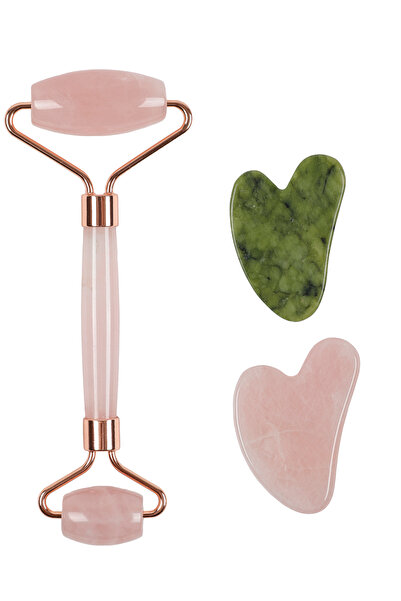 İLTERUS Pembe Kuvars Face Roller , Pembe Kuvars Kalp Ve Yeşim Kalp Gua Sha Set