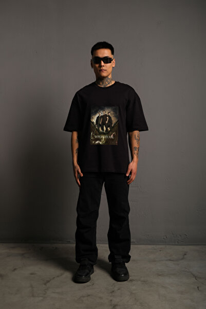 9ine UNISEX OVERSIZE SUPERNATURAL Baskılı Rahat Kalıp %100 Pamuk Örme Kumaş T...