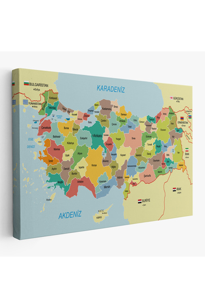 Harita Sepeti Türkiye Haritası Kanvas Tablo Sınır Komşulu Eğitici Dekoratif T...