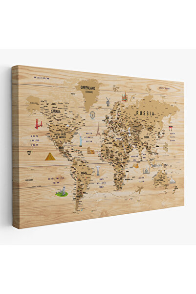 Harita Sepeti Ahşap Görünümlü Dünya Haritası Sembollü Eğitici Dekoratif Kanva...