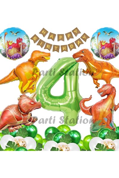 Parti Station Orman Tema Jurassic Park Dinozor Konsept Yeşil Rakam Balon 4 Ya...
