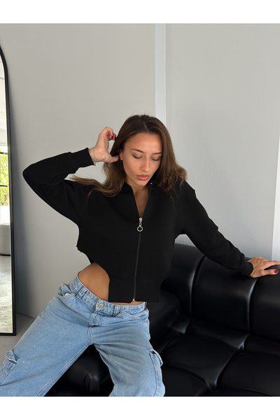 ÖNÜ FERMUARLI KAPÜŞONLU SWEATSHİRT Siyah