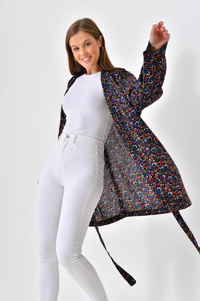 mirach Minimal Floral Patterned Viscose Kimono - Black Viscose Cotton Pareo Caftan Top Coat Hijab Oversize