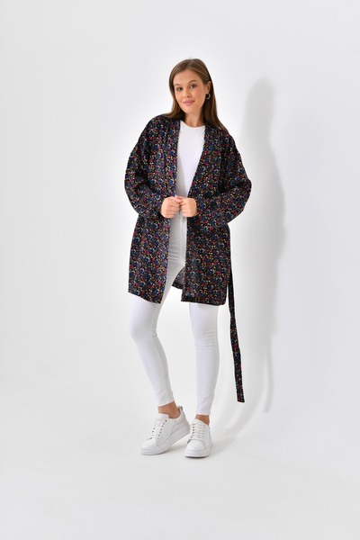 mirach Minimal Floral Patterned Viscose Kimono - Black Viscose Cotton Pareo Caftan Top Coat Hijab Oversize