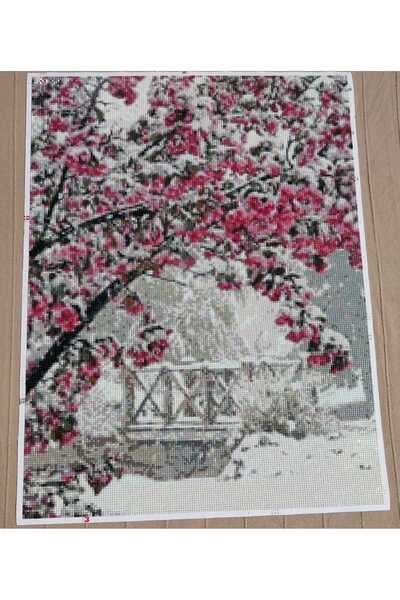 nilonun atölyesi Pembe Kar Çiçekleri Kristal Boncuk Tablo 41 X 56 Cm. (İŞLENMİŞ HAZIR HALDE)