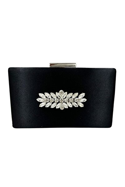 Biçanta Geantă elegantă neagră din material satin cu carcasă argintie și piet...